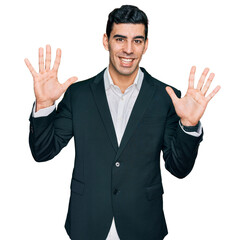 Handsome hispanic man wearing business clothes showing and pointing up with fingers number ten while smiling confident and happy.