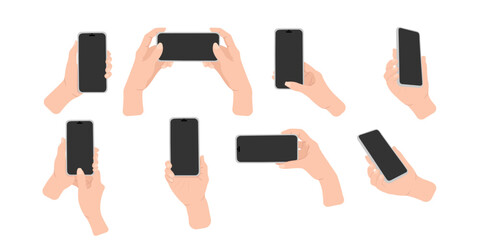 Hand hold the mobile phone in horizontal and vertical position with blank screen in different positions vector illustration set in flat style isolated.