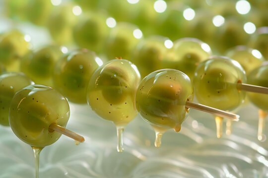 green grapes on kebabs skewers. swirling in a thin layer of clear caramel. trendy summer sweets