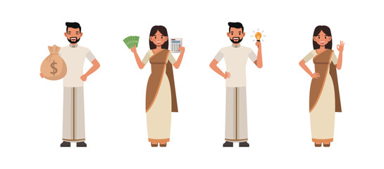 Set of Indian Businessman and businesswoman holding money bag and get idea character vector design. Presentation in various action. People working in office planning, thinking and economic analysis.
