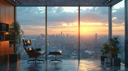 An expensive chair in a glass office space overlooking the city.