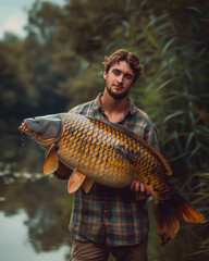 Proud angler holding a massive common carp, fishing achievement.