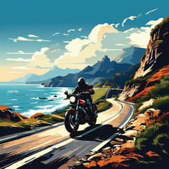 Vector illustration of a motorcyclist riding along a winding mountain road along the sea coast - obrazy, fototapety, plakaty