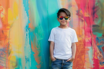 Asian seven year old boy wearing sunglasses blank white tshirt and modern jeans against a vibrant backdrop, happy vibes