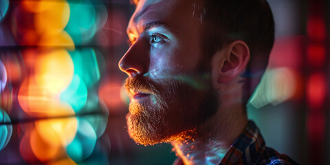 A bearded young man is profiled with vibrant neon light reflections, suggesting a contemplative urban night