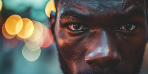 Close-up of an African man's intense gaze, his eyes reflecting subtle strength