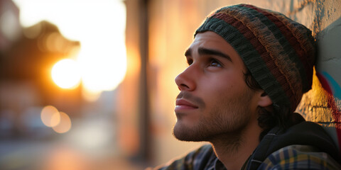A young Latino man in a beanie looks up contemplatively against a sunset, imbued with a sense of hopeful longing