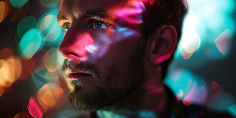 Close-up of a thoughtful young man with striking blue eyes, bathed in a kaleidoscope of neon light bokeh