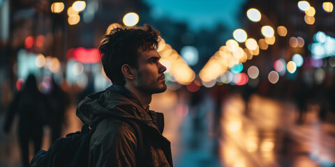 Young Caucasian man in profile, with a pensive look, amidst the vibrant blur of city lights at twilight