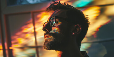 Side profile of a bearded man with glasses, his face lit by dynamic, multicolored light projections