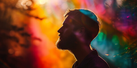 Silhouette of a man with a beard against a backdrop of radiant, multicolored bokeh lights at sunset