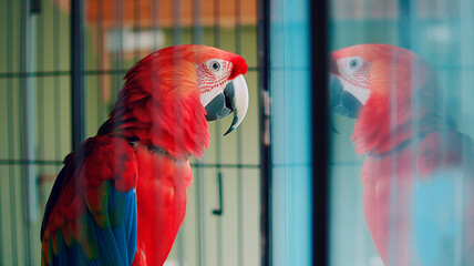 Red macaw parrot, close-up. A parrot in a zoo looks into the glass, the reflection of the bird. Beautiful parrot, close-up, selective focus, pet. Colored tropical bird