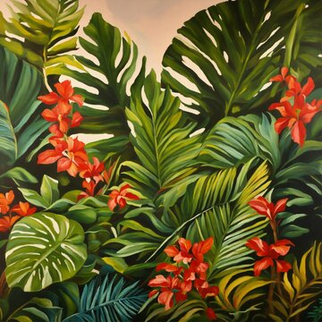 Oil painted mural of  tropical foliageOil painted mural of  tropical foliage