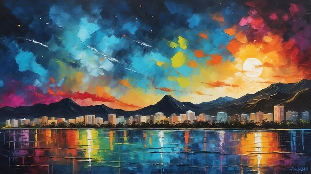 night sky in puerto rico theme oil pallet knife paint painting on canvas with large brush strokes modern art illustration abstract from Generative AI