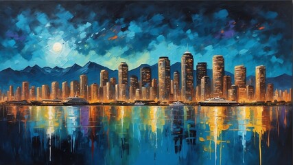 Naklejka premium night sky in vancouver canada theme oil pallet knife paint painting on canvas with large brush strokes modern art illustration abstract from Generative AI