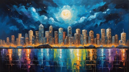night sky in vancouver canada theme oil pallet knife paint painting on canvas with large brush strokes modern art illustration abstract from Generative AI - obrazy, fototapety, plakaty