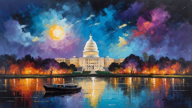 night sky in washington dc theme oil pallet knife paint painting on canvas with large brush strokes modern art illustration abstract from Generative AI