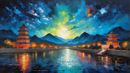 night sky in beijing china theme oil pallet knife paint painting on canvas with large brush strokes modern art illustration abstract from Generative AI