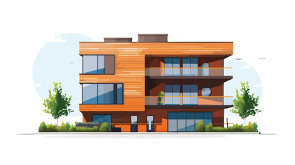 Modern wooden building against sky flat vector isolated