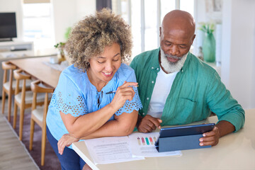 Smiling Mature Couple At Home With Digital Tablet Looking At Domestic Finances