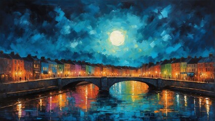 Naklejka premium night sky in dublin ireland theme oil pallet knife paint painting on canvas with large brush strokes modern art illustration abstract from Generative AI