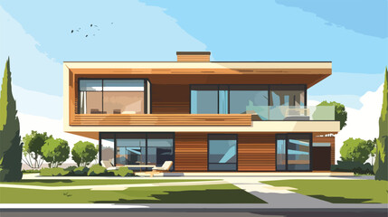 Modern wooden house against blue sky flat vector isolated