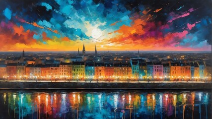 Fototapeta premium night sky in dublin ireland theme oil pallet knife paint painting on canvas with large brush strokes modern art illustration abstract from Generative AI