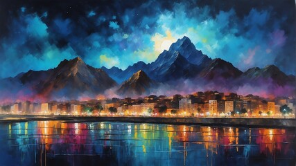 night sky in lima peru theme oil pallet knife paint painting on canvas with large brush strokes modern art illustration abstract from Generative AI - obrazy, fototapety, plakaty