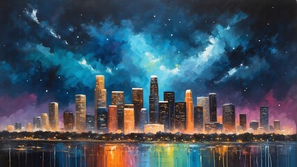 night sky in los angeles united states theme oil pallet knife paint painting on canvas with large brush strokes modern art illustration abstract from Generative AI - obrazy, fototapety, plakaty