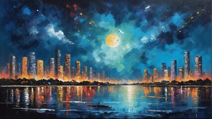 night sky in panama theme oil pallet knife paint painting on canvas with large brush strokes modern art illustration abstract from Generative AI - obrazy, fototapety, plakaty
