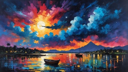 night sky in panama theme oil pallet knife paint painting on canvas with large brush strokes modern art illustration abstract from Generative AI - obrazy, fototapety, plakaty