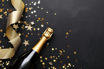 A minimalist-style background with a champagne bottle, ribbons, and star-shaped confetti arranged on a surface. Banner for a New Year celebration party. Flat lay, top view