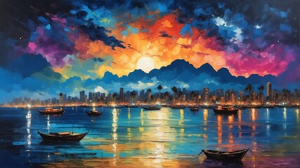 night sky in pattaya thailand theme oil pallet knife paint painting on canvas with large brush strokes modern art illustration abstract from Generative AI - obrazy, fototapety, plakaty