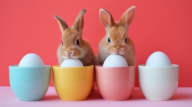 Two adorable brown rabbits peeking out from pastel-colored egg cups, each cup cradling a white egg on a coral colored background - AI Generated Digital Art