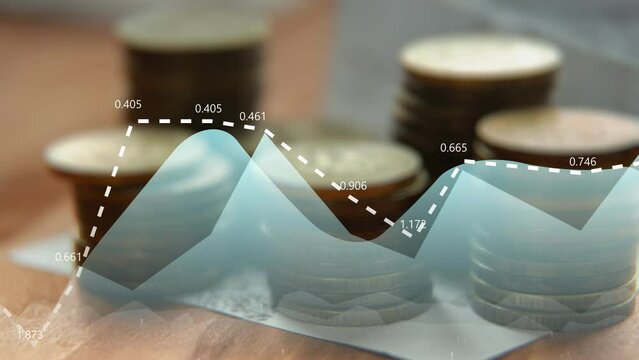 Moving graphs and charts with equalizers and digital indicators on a background of columns of coins. Concept for analyzing the development of financial markets. Cg footage