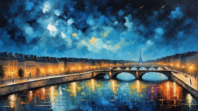 night sky in paris france theme oil pallet knife paint painting on canvas with large brush strokes modern art illustration abstract from Generative AI