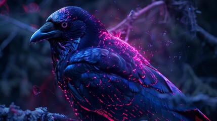 Black raven, abstract neon background.