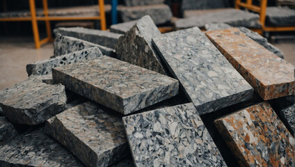 Granite background. Variety of crumpled granite slabs. Top view to stack of granite slabs.