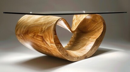 Obraz premium A modern, artistic glass topped table with a sculptural wooden base formed in a looped, twist design that exhibits the natural wood grain and color variations - AI Generated Digital Art