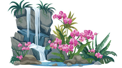 Orchids in jungle by waterfall flat vector isolated 