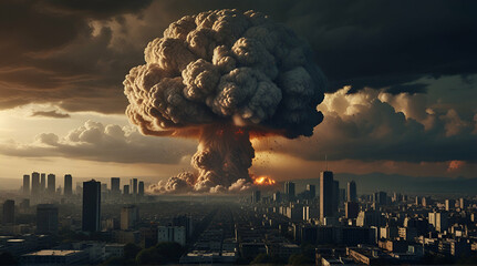 big nuclear explosion mushroom cloud effect over city skyline for apocalyptical aftermath of nuclear attach or the use of mass destruction weapons .generative.ai - obrazy, fototapety, plakaty