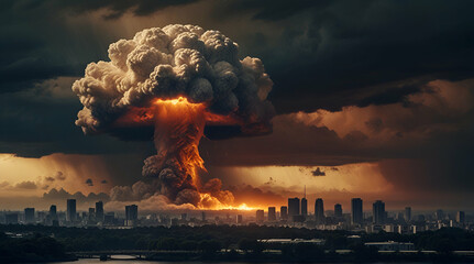 big nuclear explosion mushroom cloud effect over city skyline for apocalyptical aftermath of nuclear attach or the use of mass destruction weapons .generative.ai - obrazy, fototapety, plakaty