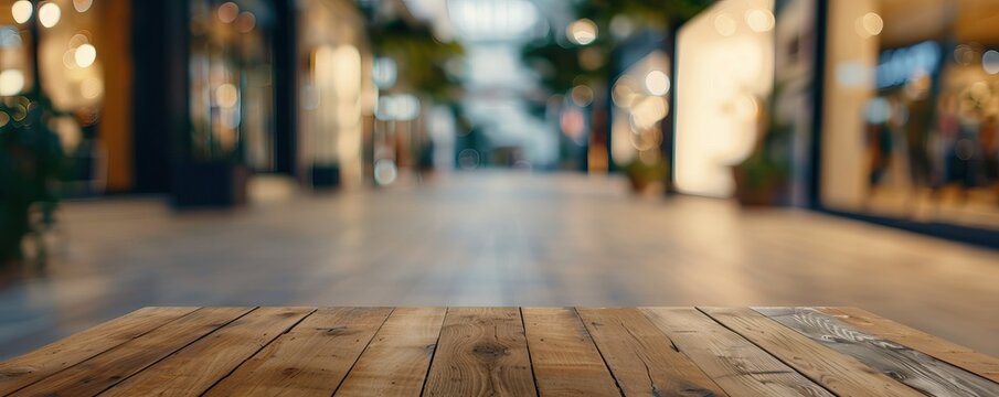 Focus on clean wooden table for product placement, background of blur shopping mall, using film camera, f 2.8, morning, warm light tone, wide shot