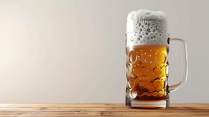 A close-up image of a mug of beer on a wooden table. The beer is amber in color and has a thick, creamy head of foam. - obrazy, fototapety, plakaty