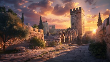Naklejka premium Step into the ancient City of Jerusalem, Israel, where the Tower of David rises with timeless grace and splendor.