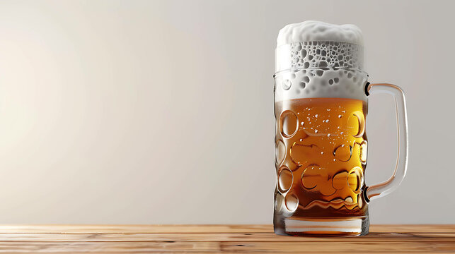 A close-up image of a mug of beer on a wooden table. The beer is amber in color and has a thick, creamy head of foam.
