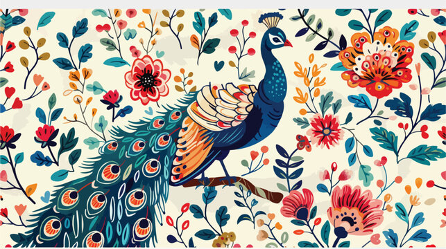 Pattern with embroidered peacock and flowers flat vector