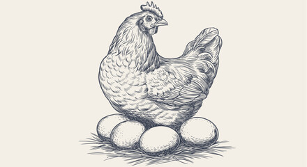 Chicken, hen with nest, eggs. Vintage retro print, chicken, hen eggs sketch ink pencil style drawing, engrave old school. Sketch artwork silhouette chicken, hen with nest, eggs. Vector Illustration - 774819993