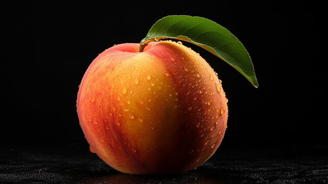 Juicy peach on black background, promotional stock photo