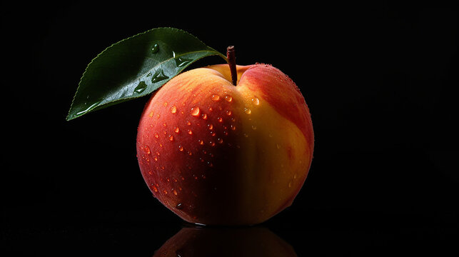 Juicy peach on black background, promotional stock photo